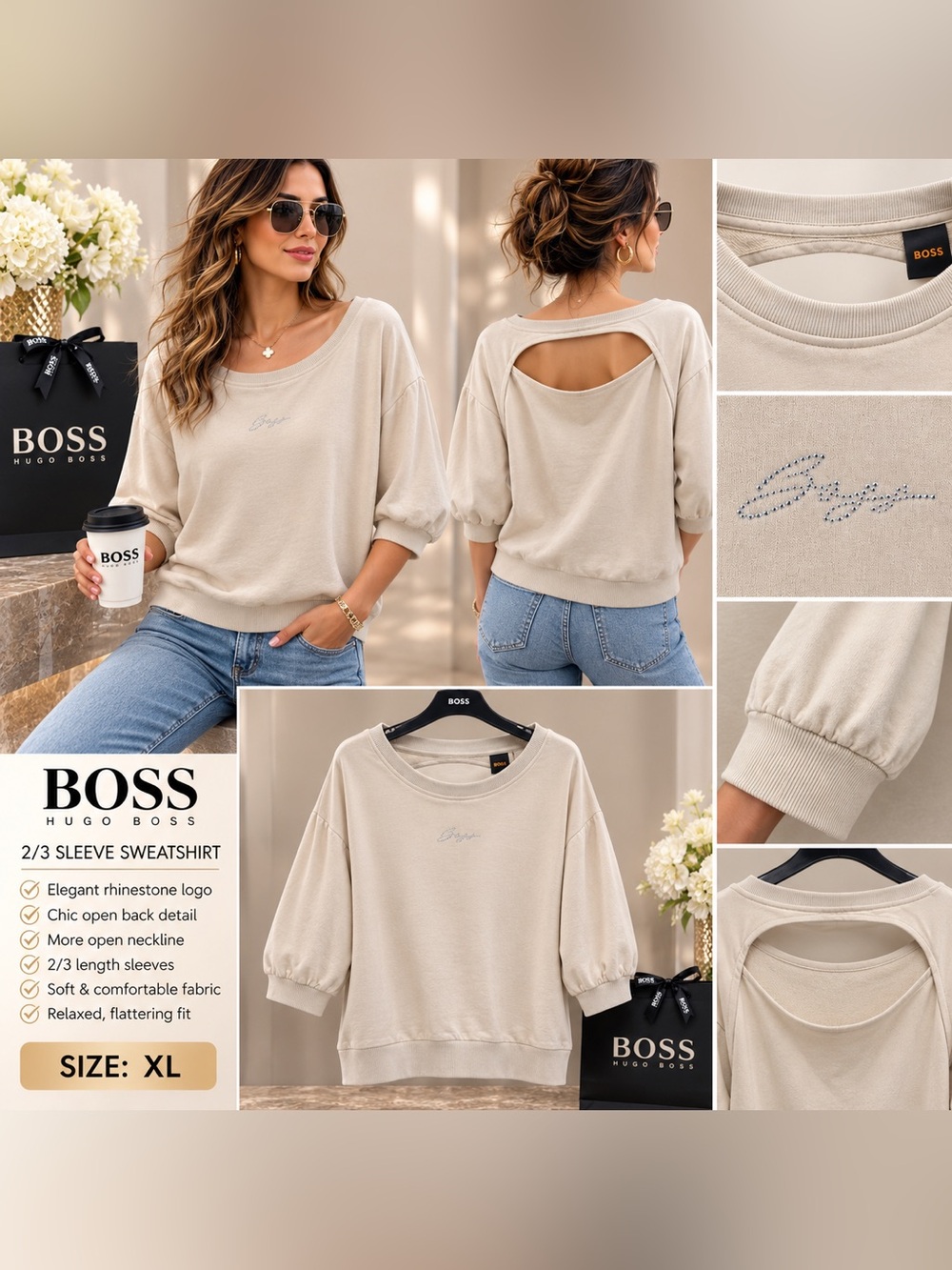 Boss Beige Open-Back Rhinestone-Logo 2/3 Sleeve Sweatshirt